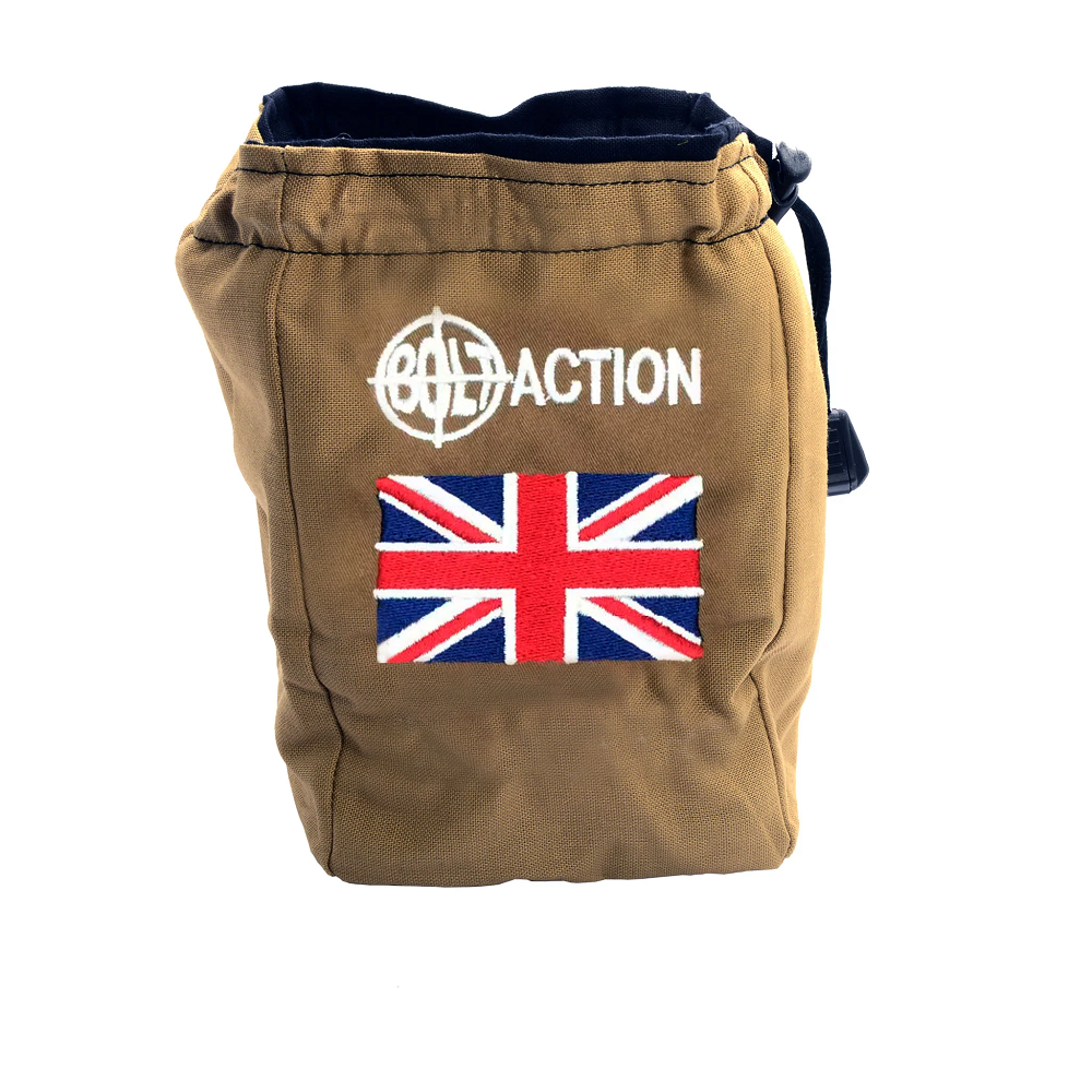 British Bolt Action Dice Bag. Brown bag with a British flag and 'Bolt Action' logo on a white background