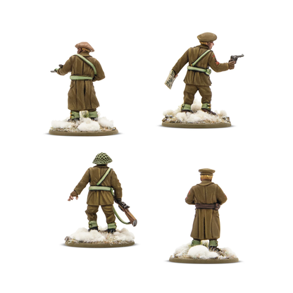 Bolt Action British & Canadian Infantry (Winter) Platoon Commanders. Four military figurines in winter gear on a white background