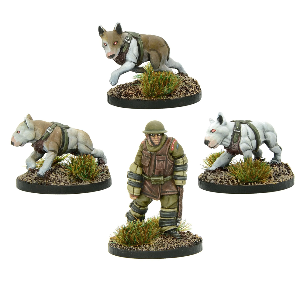Miniature figures of a person with wolves on a white background. British War Dog Squad 2 for Konflikt '47