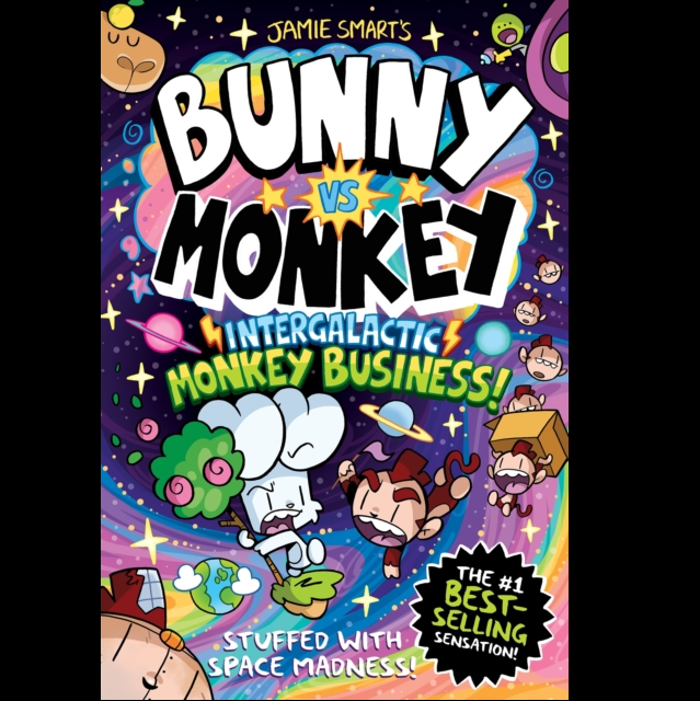 Book cover of 'Bunny vs Monkey: Intergalactic Monkey Business' with colorful design and cartoon characters.