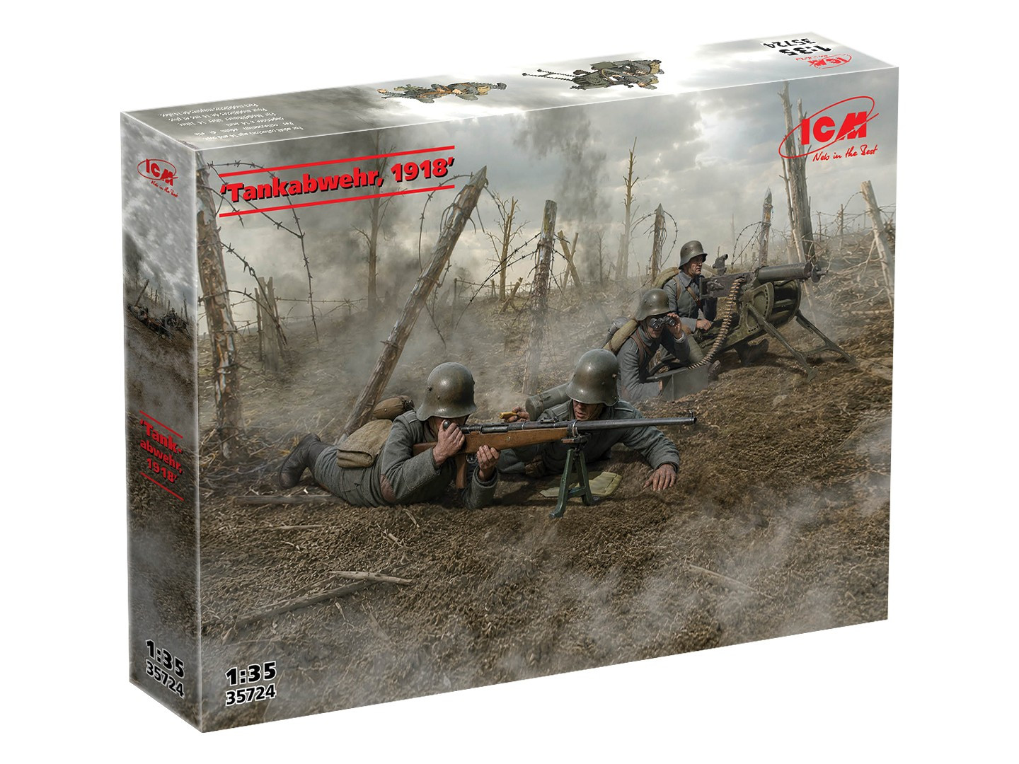 Boxed model kit for 1914 tank soldiers, featuring a detailed illustration of World War I combat scene on the packaging. The box shows two soldiers in trench warfare with barbed wire and smoke, with the red text 'Tanks 1914' and a visible '1:35' scale marking. ICM Tankabwehr 1918 German WWI soldiers with Tankgewehr and MG 08 1:35 scale model kit