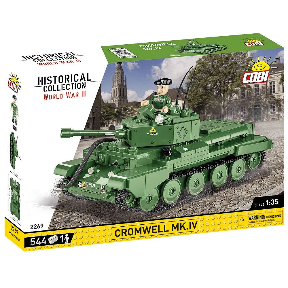 A detailed 1:35 scale model of the COBI Cromwell Mk.IV, featuring an opening hatch, movable turret, rotating cannon, and a figure of General Stanisław Maczek.