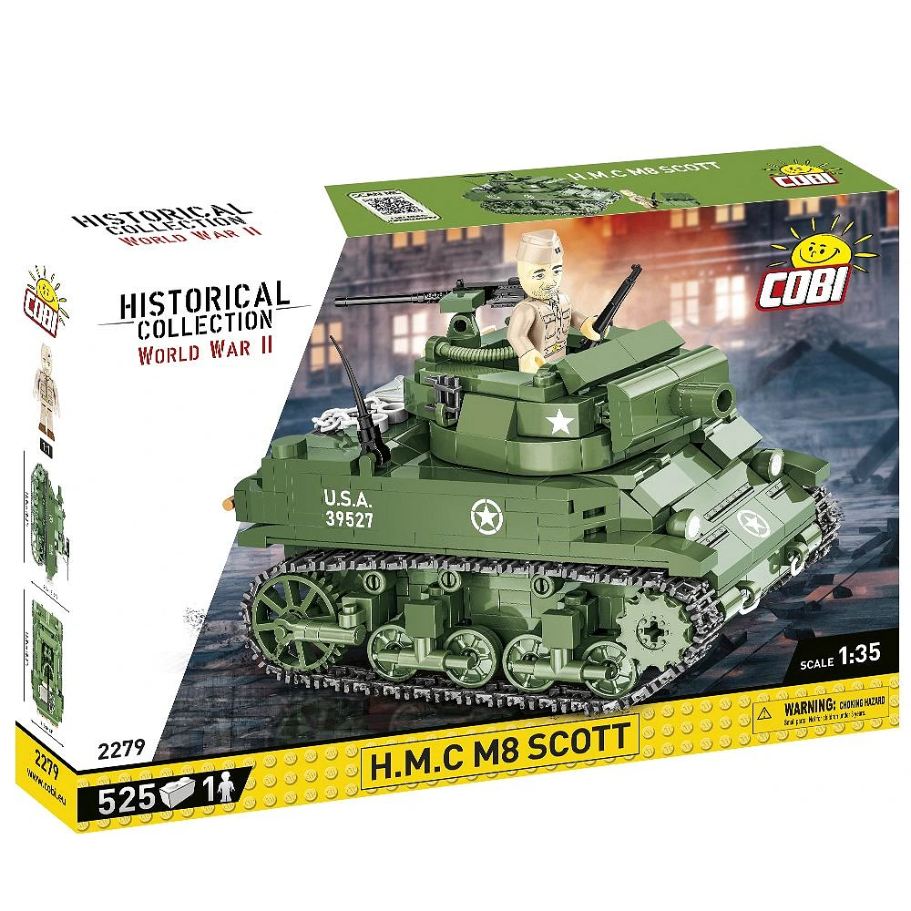 A detailed 1:35 scale model of the COBI H.M.C M8 Scott, featuring a rotating turret, movable cannon, and an American soldier figure with captain rank included