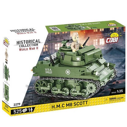A detailed 1:35 scale model of the COBI H.M.C M8 Scott, featuring a rotating turret, movable cannon, and an American soldier figure with captain rank included