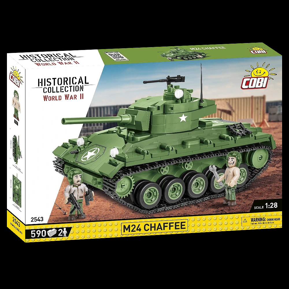 A detailed 1:35 scale model of the COBI M24 Chaffee, featuring working tracks, rotating turret, and two American soldier figures, perfect for history enthusiasts.