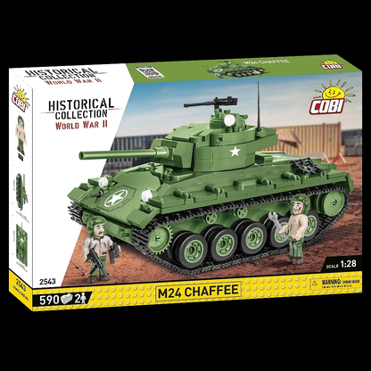 A detailed 1:35 scale model of the COBI M24 Chaffee, featuring working tracks, rotating turret, and two American soldier figures, perfect for history enthusiasts.