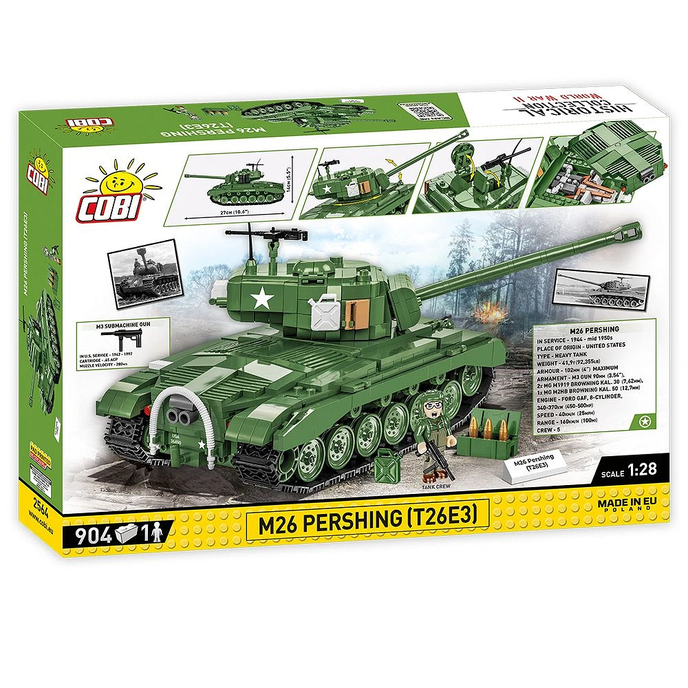 A detailed 1:28 scale model of the COBI M26 Pershing T26E3, featuring working tracks, rotating turret, and a tanker figure, perfect for history enthusiasts and builders.