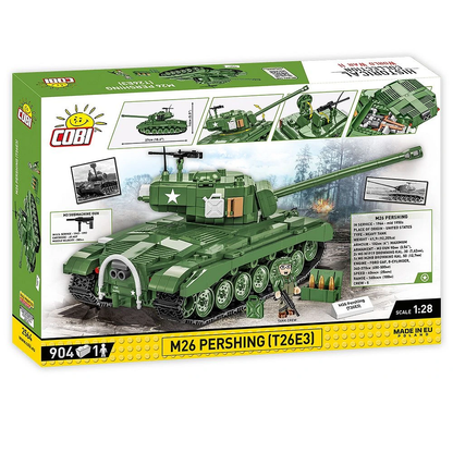 A detailed 1:28 scale model of the COBI M26 Pershing T26E3, featuring working tracks, rotating turret, and a tanker figure, perfect for history enthusiasts and builders.
