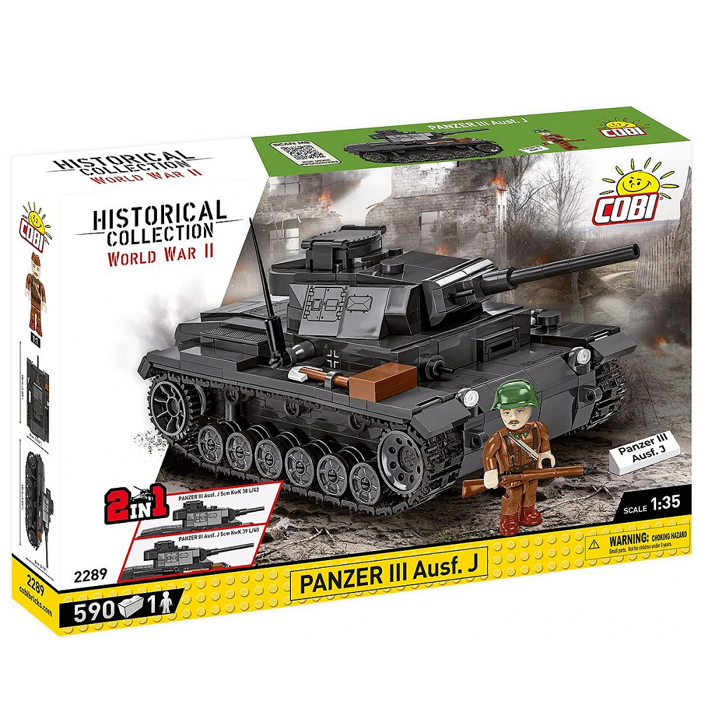 A detailed 1:35 scale model of the COBI Panzer III Ausf.J, featuring movable turret, hatch, and gun barrel, with a Hungarian soldier figure included.