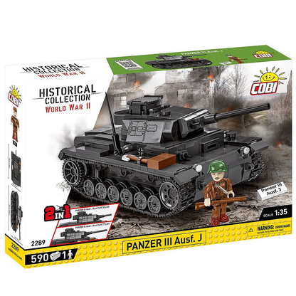 A detailed 1:35 scale model of the COBI Panzer III Ausf.J, featuring movable turret, hatch, and gun barrel, with a Hungarian soldier figure included.