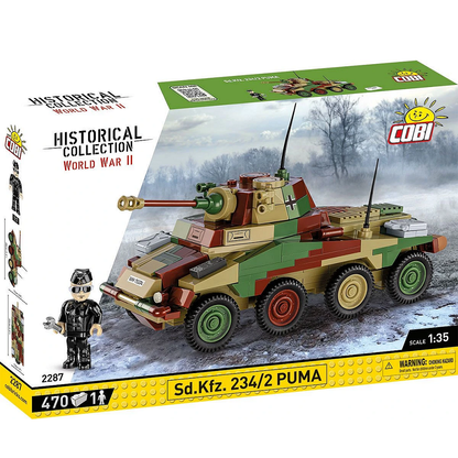 A detailed 1:35 scale model of the COBI Sd.Kfz. 234/2 Puma, featuring movable wheels, turret, and cannon, with a soldier figure and nameplate included.