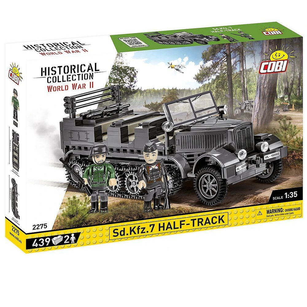 COBI Sd.Kfz. 7 Half-Track model kit, 1:35 scale, includes 439 building blocks and two soldier figures, measuring 19.5 cm x 8 cm, featuring moving parts and high-quality prints.