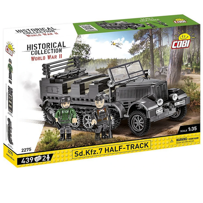 COBI Sd.Kfz. 7 Half-Track model kit, 1:35 scale, includes 439 building blocks and two soldier figures, measuring 19.5 cm x 8 cm, featuring moving parts and high-quality prints.
