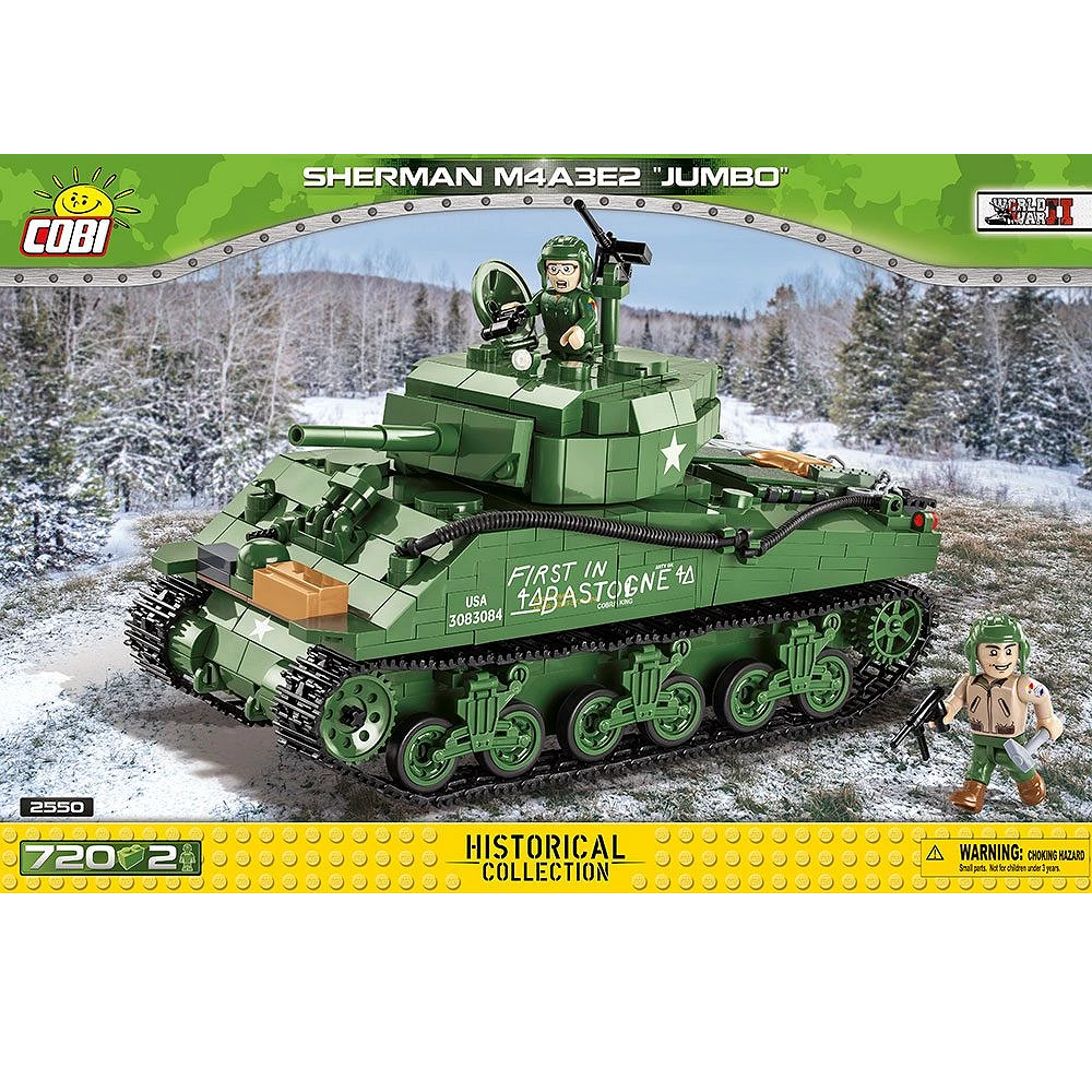 A detailed  scale model of the COBI Sherman M4A3E2 Jumbo, featuring moving wheels, opening hatches, and two figures, including the iconic "Cobra King."