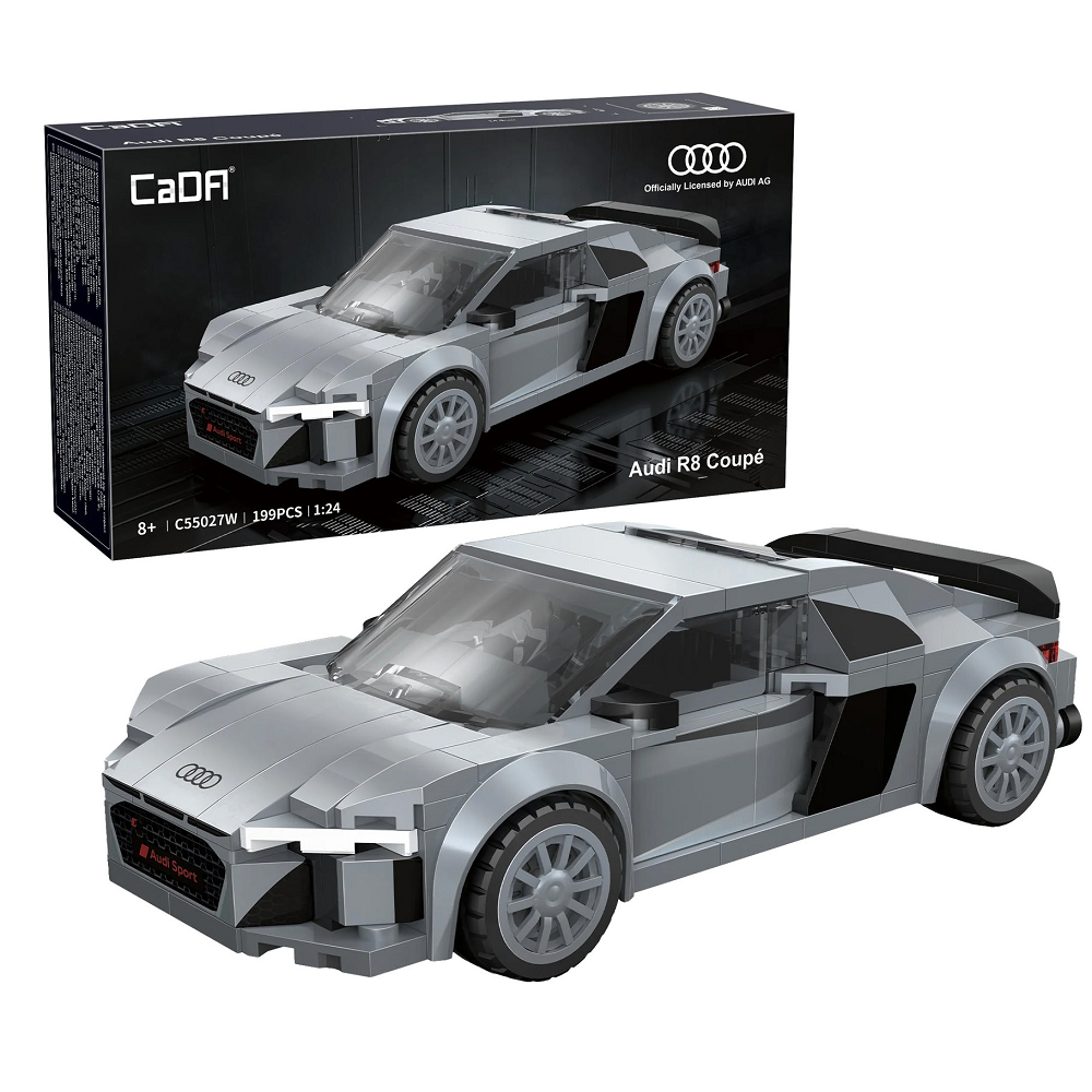 Model car and packaging of CaDA Audi R8 Coupe building set on a white background