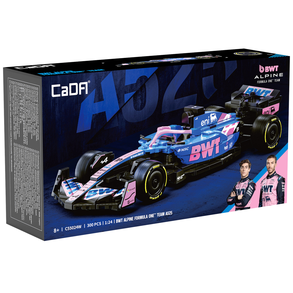 CaDA BWT Alpine F1 Team. Model car packaging with CaDA branding and a racing car design on a blue background