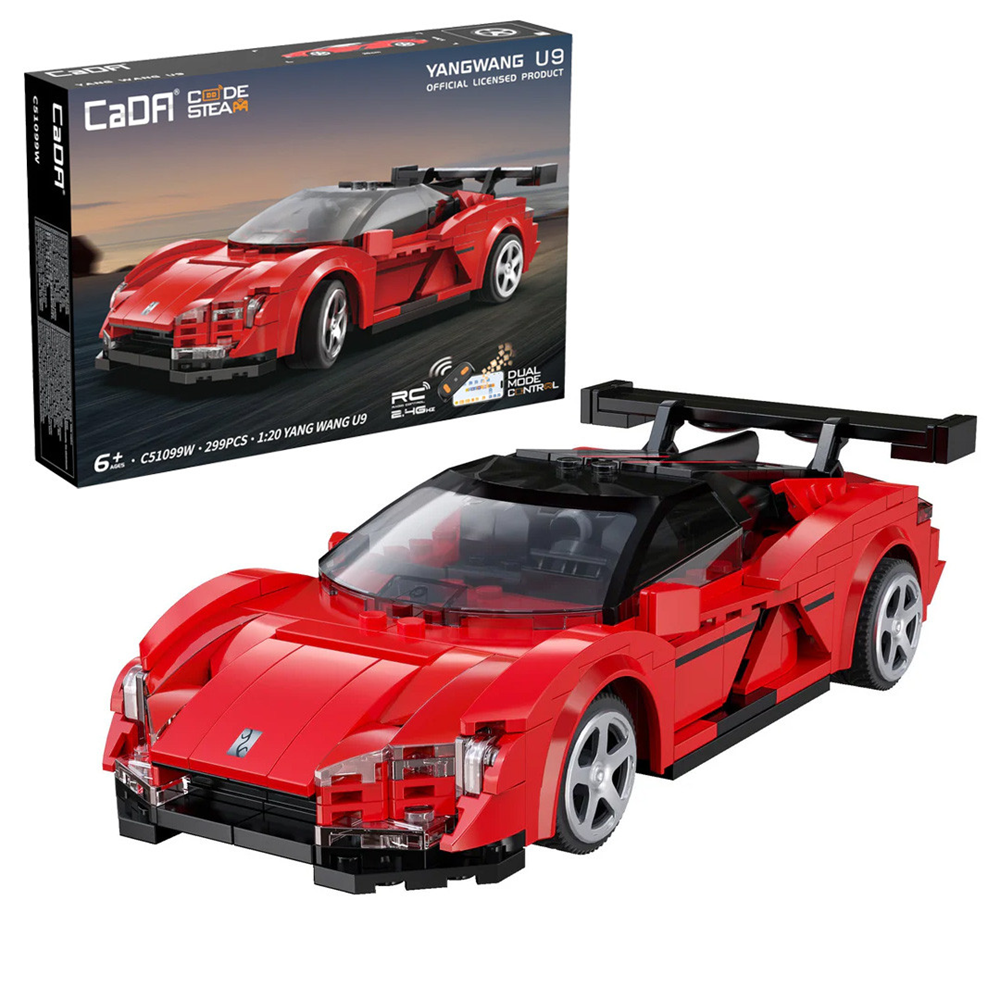 Red toy sports car with black roof and open doors, featuring a Cada box in the background. CaDA BYD Yangwang U9 electric super coupe remote control brick model car