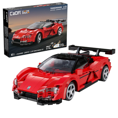 Red toy sports car with black roof and open doors, featuring a Cada box in the background. CaDA BYD Yangwang U9 electric super coupe remote control brick model car