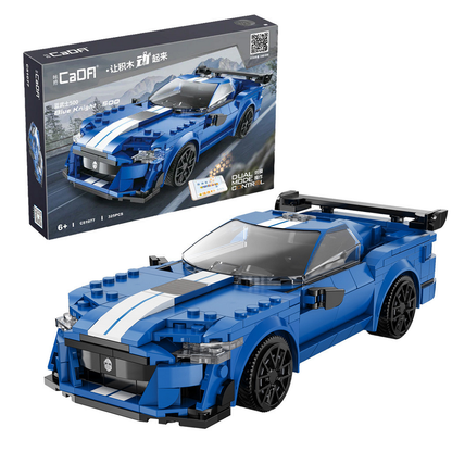 Blue sports car model made of interlocking bricks with CaDAF packaging in the background