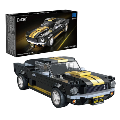 Black and yellow Shelby GT 350 model car made of interlocking bricks with packaging above on a white background.