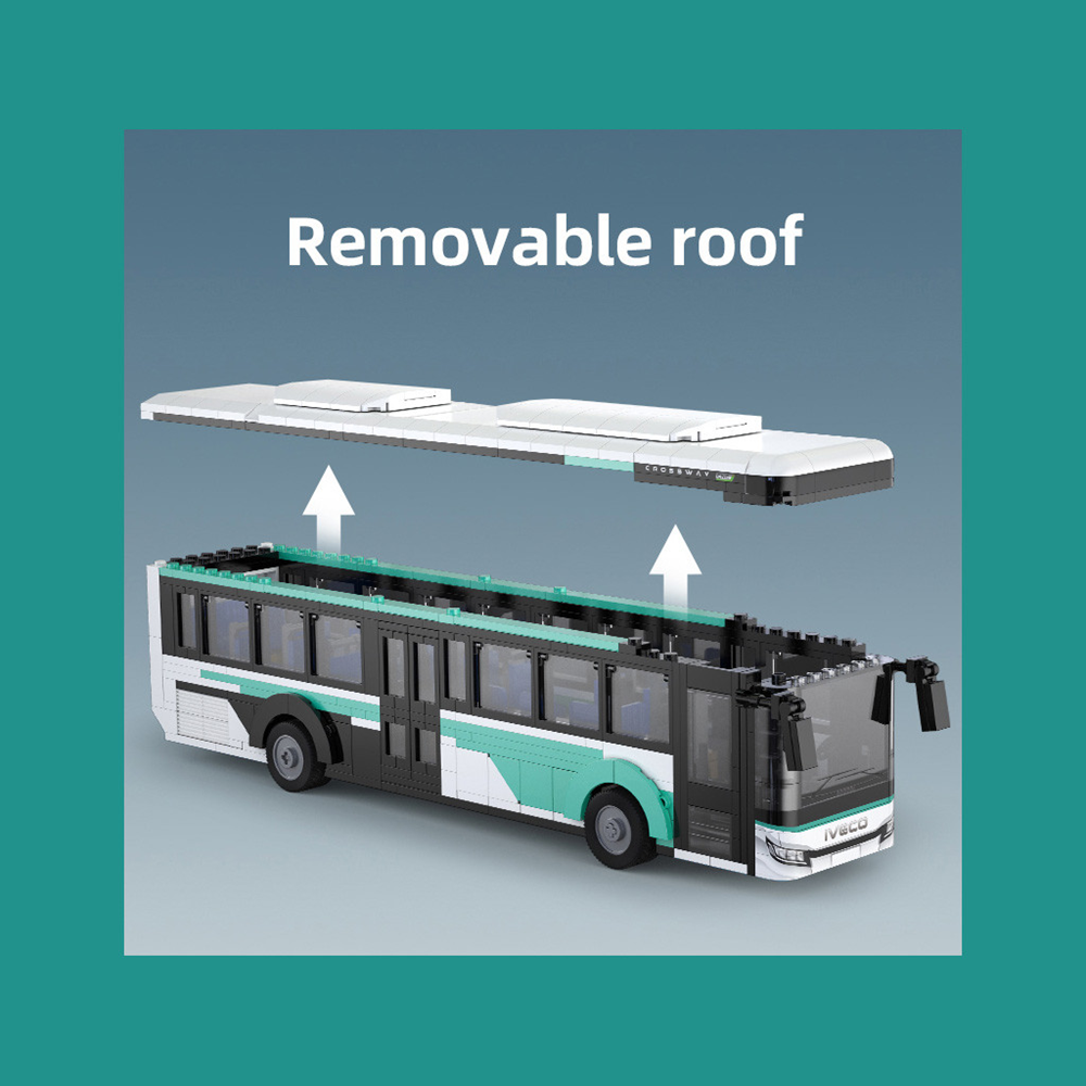 CaDA Iveco Crossway Bus. Model bus with removable roof feature on a teal background