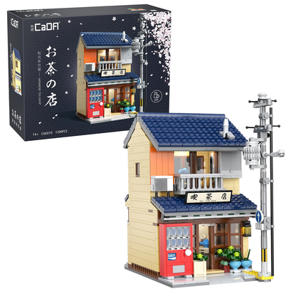 CaDA Japanese Kissaten Tea Shop 1200-piece building set with LED lighting, balcony, sliding doors, and detailed traditional Japanese design.