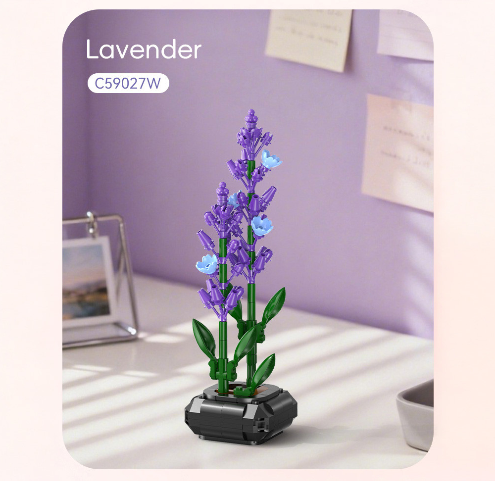 Decorative lavender plant on a desk with a purple wall background