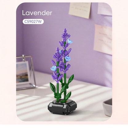Decorative lavender plant on a desk with a purple wall background