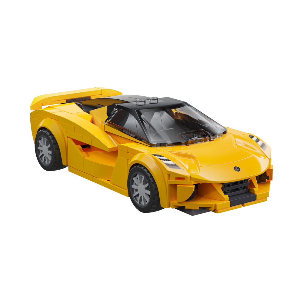 A yellow brick sports car model with a black roof and silver wheels, shown on a plain white background. CaDA officially licensed Lotus Evija 1:24 scale 276 piece building brick model