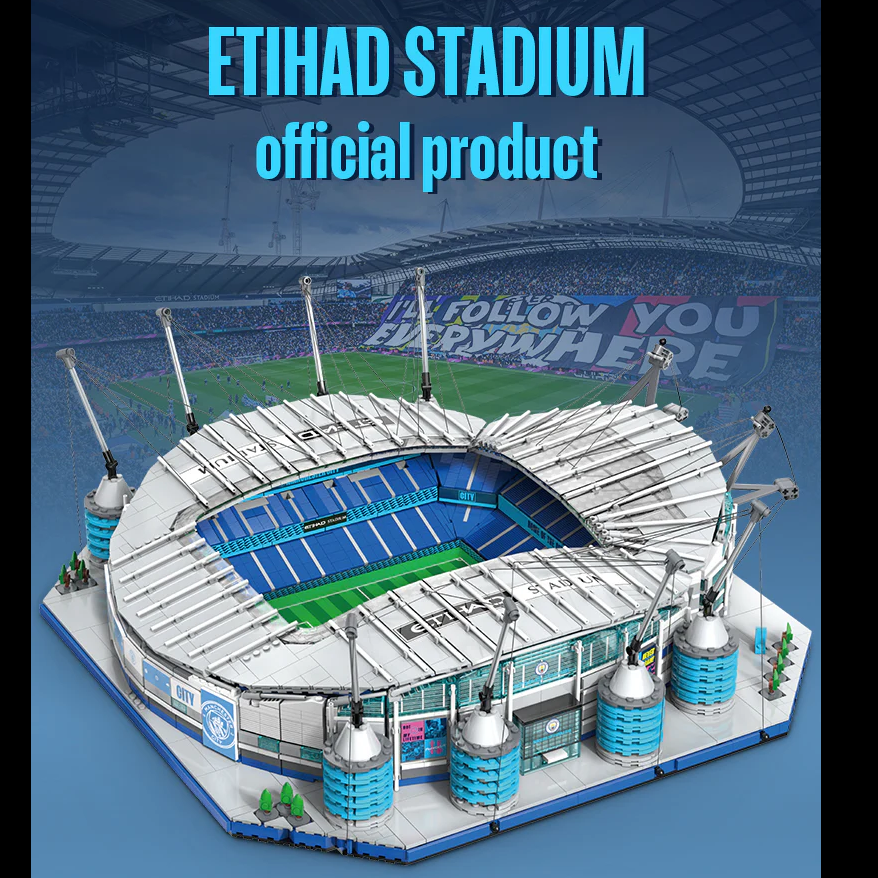 CaDA Manchester City Stadium. 4473-piece Lego-compatible replica of the Etihad Stadium. Features modular design, USB lighting, and detailed interiors. Ages 14+.

