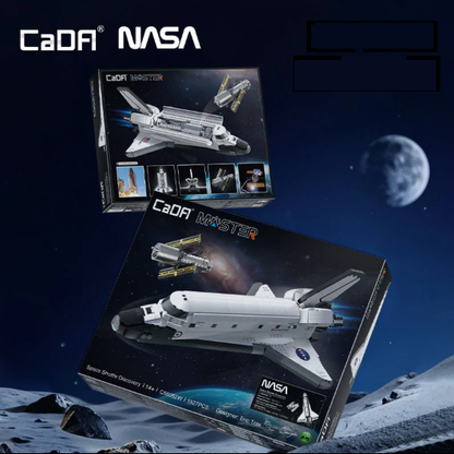 CaDA NASA space shuttle models on a space-themed background with moon and Earth.