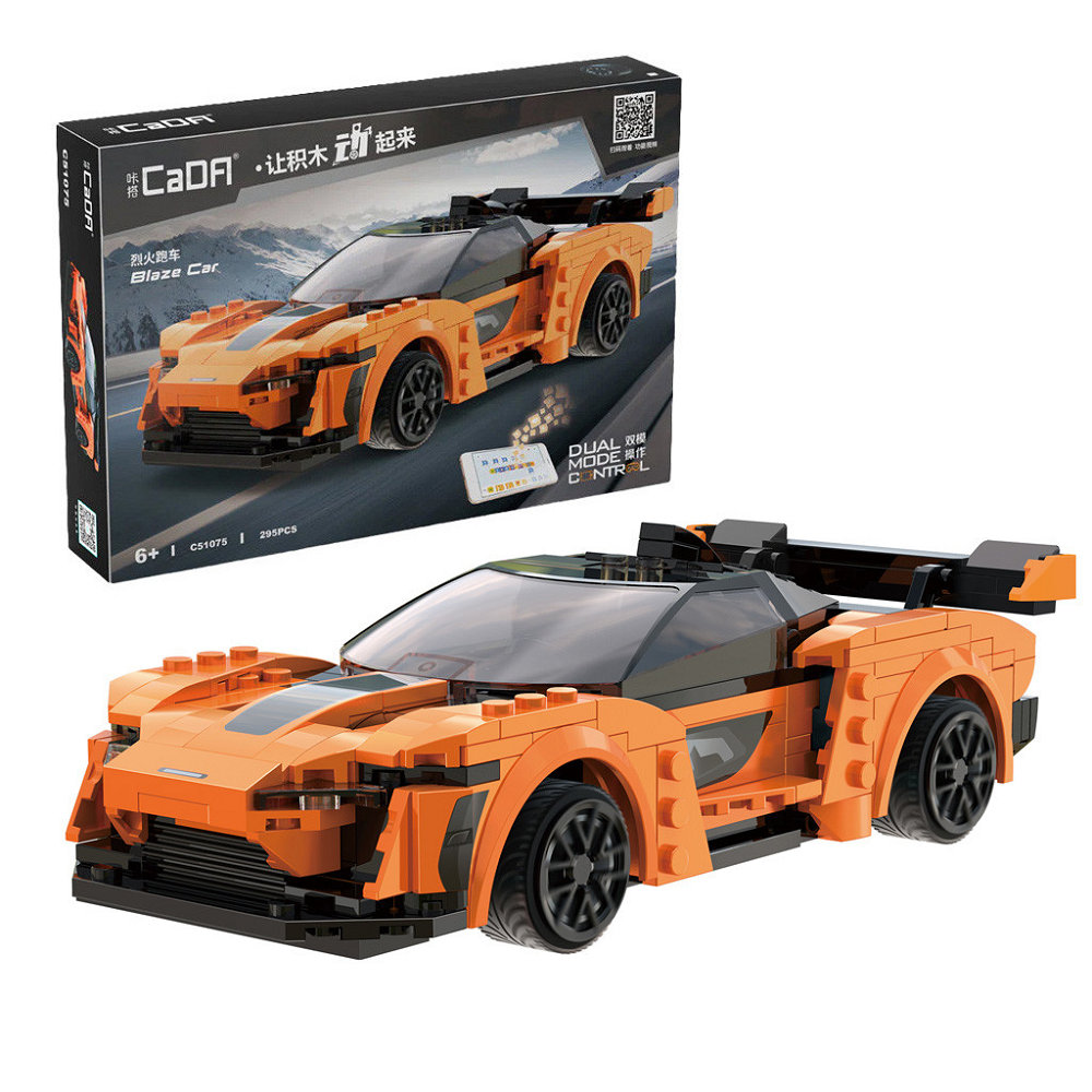 Orange toy car built from interlocking bricks with packaging in the background