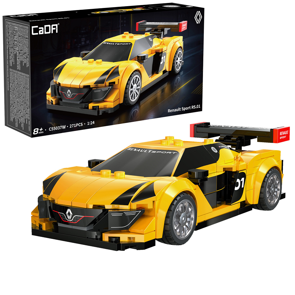 CaDA Renault Sport RS.01 GT3 Brick Model. Yellow and black sports car model with CaDA branding on a white background