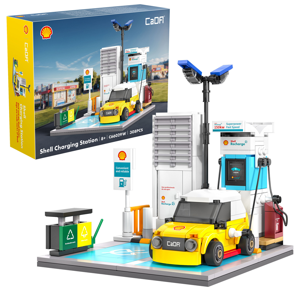 Model Shell charging station with a car and packaging displaying Shell branding. CaDA Shell Charging Station 305-piece building brick kit