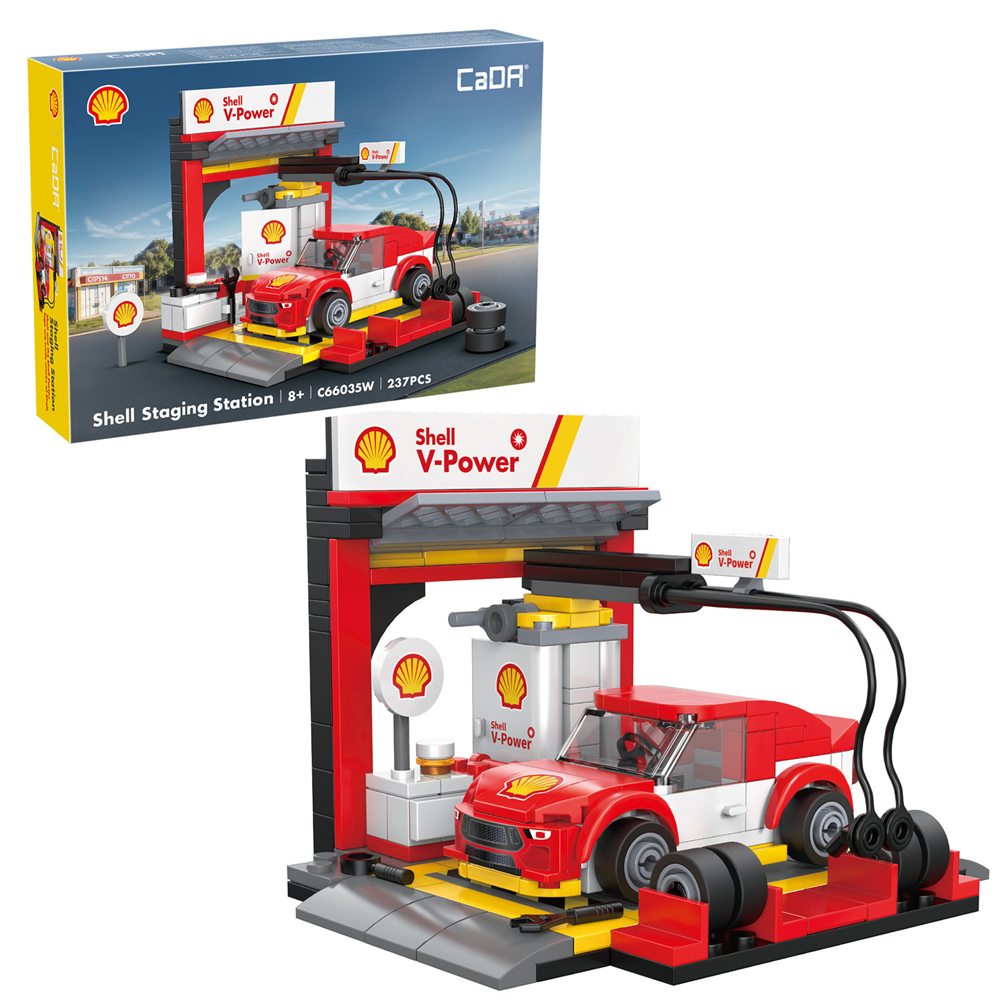 Shell V-Power toy gas station set with building blocks on a white background
