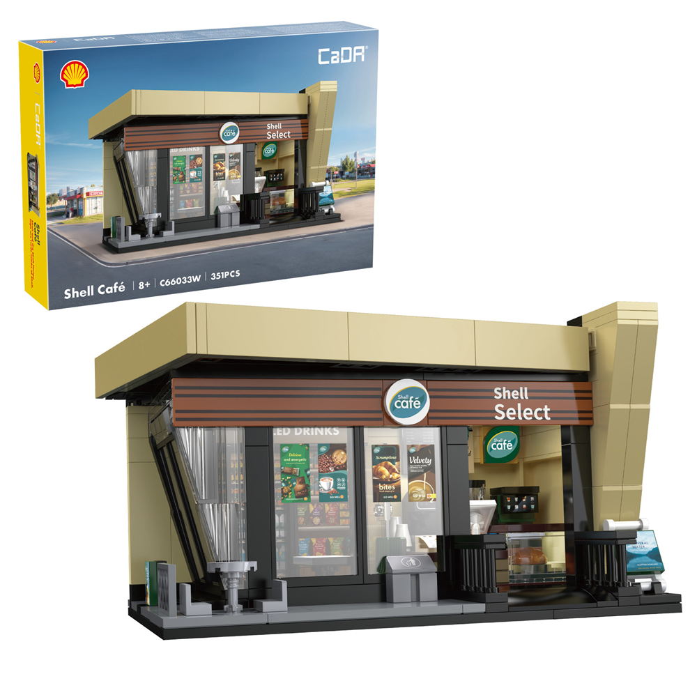 Shell Café model building with packaging displaying Shell logo. CaDA Shell Select Coffee Shop Café Brick Model Kit