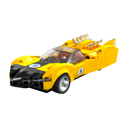 Yellow toy car with a black front section on a white background. CaDA Speed Racer Shooting Star Car 1:24 scale yellow brick model with display plaque