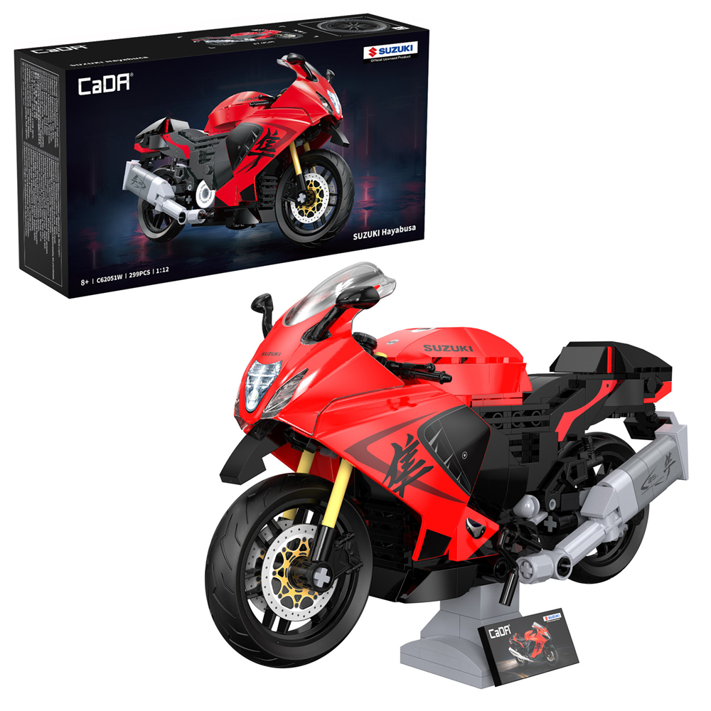 Red and black motorcycle model with packaging displaying the same design on a white background. CaDA Suzuki Hayabusa 1:12 scale brick-built sports motorcycle model