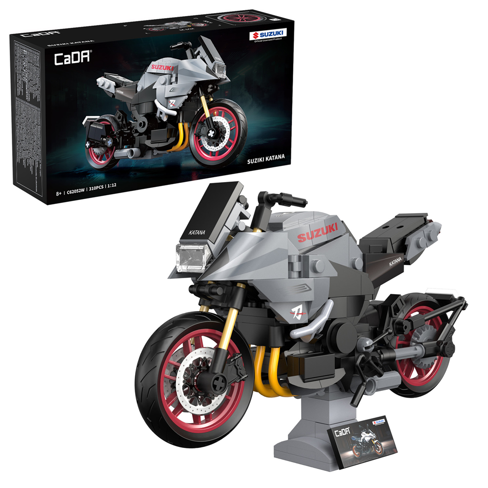 Suzuki motorcycle model made of interlocking bricks with packaging in the background. CaDA Suzuki Katana brick kit