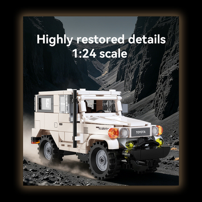 A 1:24 scale building block model of a white Toyota Land Cruiser off-road vehicle, set against a dark rocky canyon background with text overlay reading 'Highly restored details 1:24 scale'. CaDA Toyota FJ40 Land Cruiser 1:24 scale 373 piece building brick model