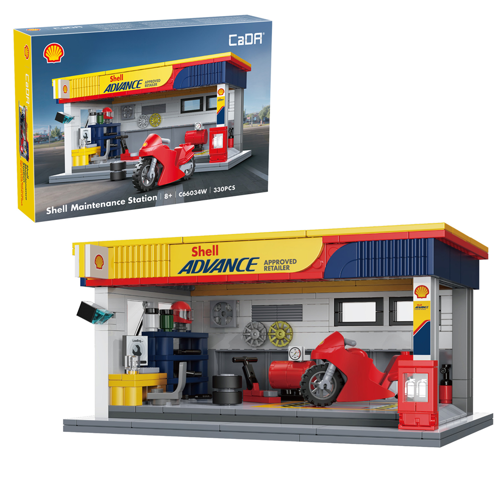Shell-themed toy maintenance station with a motorcycle and various tools, featuring CaDA branding. CaDA Shell Maintenance Service Station Brick Model Kit