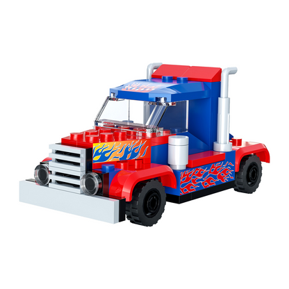 Toy truck made of interlocking bricks in red, blue, and white on a white background. CaDA Sky Titan Racing Truck brick kit