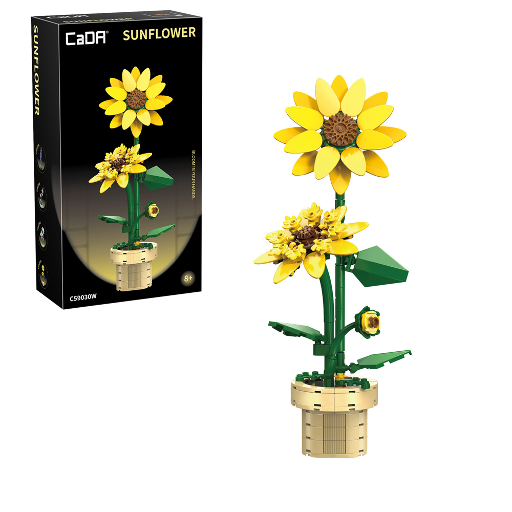 CaDa Sunflower Brick Kit. Sunflower model made of interlocking bricks with packaging on the left