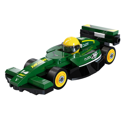 Brick Formula 1 car with green and yellow colours on a white background