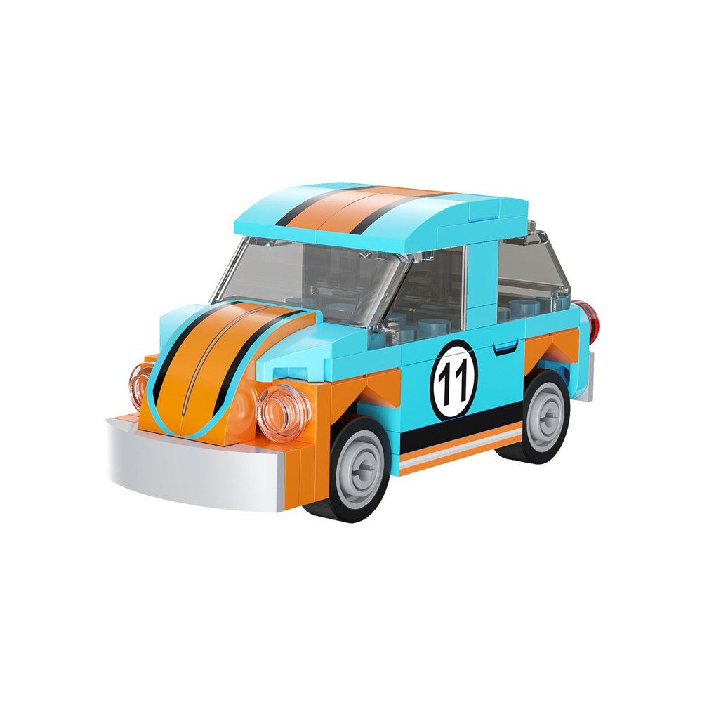 brick built car model with blue and orange design on a white background