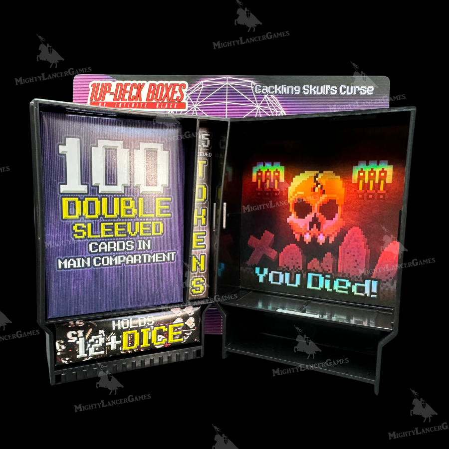 Black Cackling Skull's Curse Retrowave Cyber Magicka Deck Box with an 8-bit skull design, inspired by retro game cartridges. Ideal for storing cards, dice, and tokens.