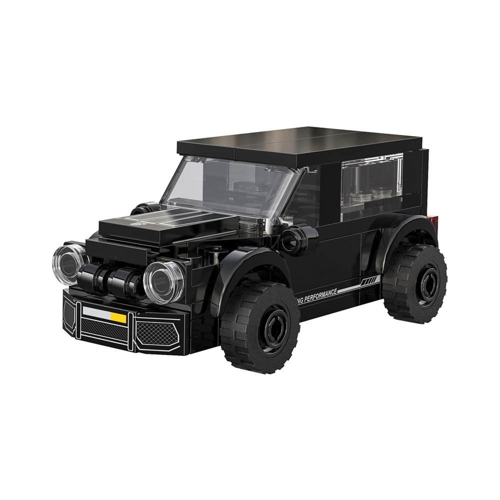 Black toy truck model made of interlocking bricks on a white background. CaDa Crossblade Runner SUV brick kit