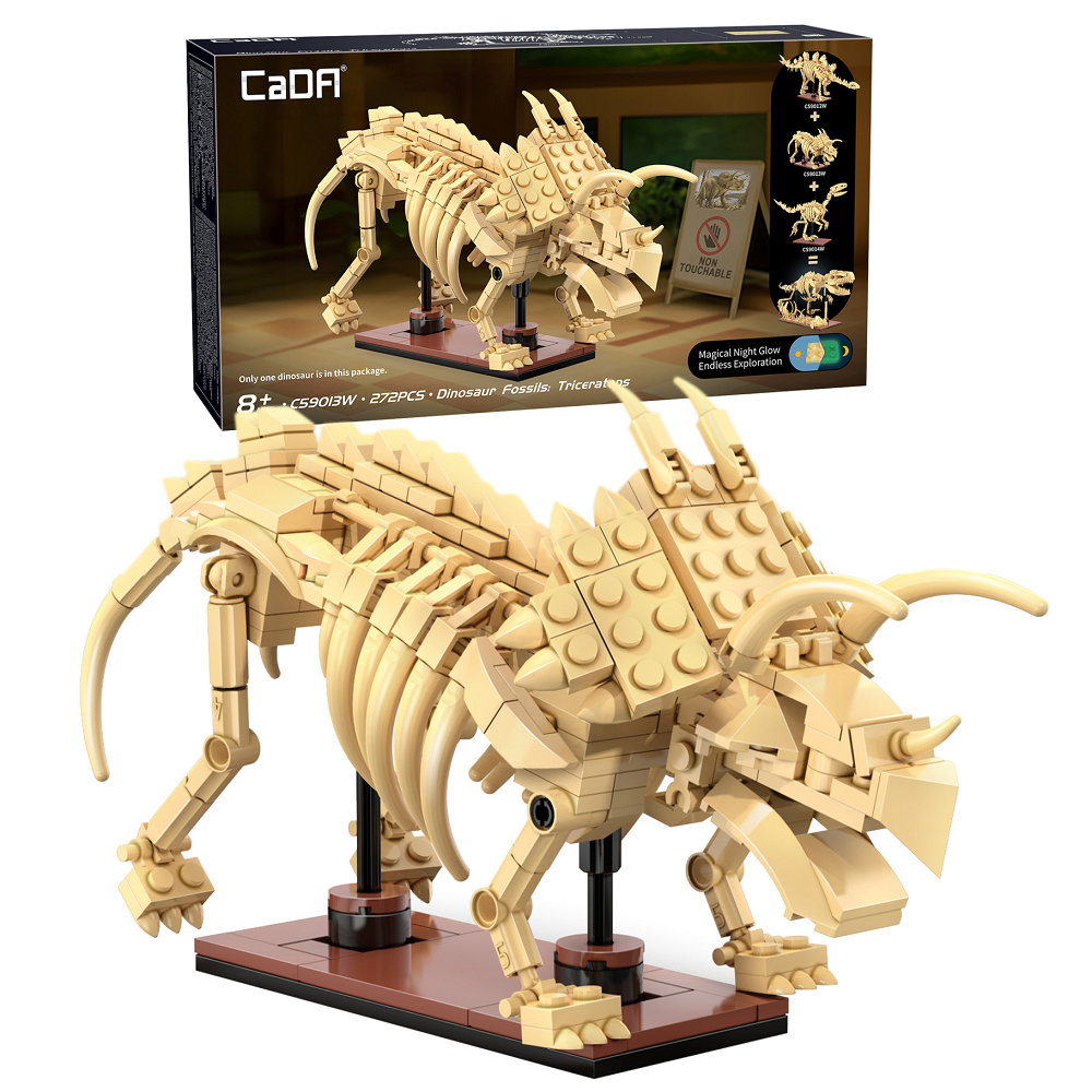 Cada Dinosaur Fossils: Triceratops. 272-piece glow-in-the-dark skeleton with movable joints. Lego compatible. Combine with Stegosaurus and Velociraptor for a larger model.

