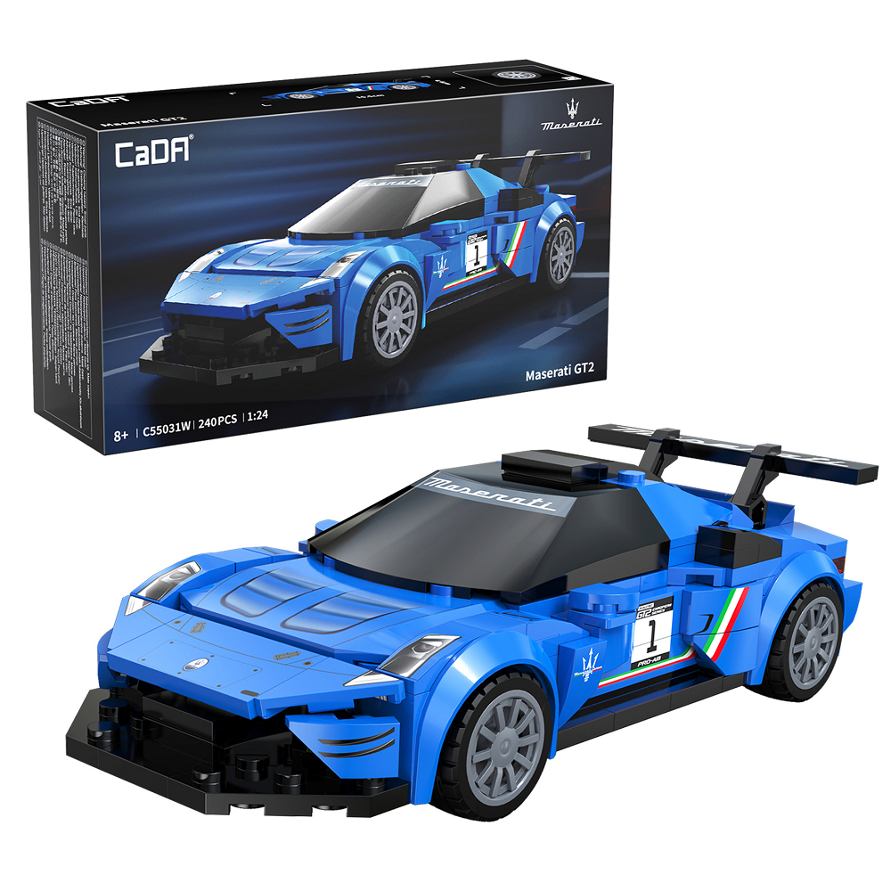 Cada Maserati MC20 GT2. Blue brick built sports car with black roof and visible branding in front of its packaging