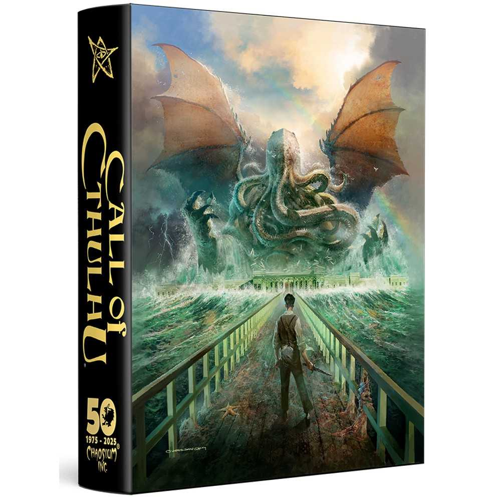Call of Cthulhu game box with a dragon and ship illustration on a white background. Call of Cthulhu Chaosium 50th Anniversary Slipcase Set RPG Collection